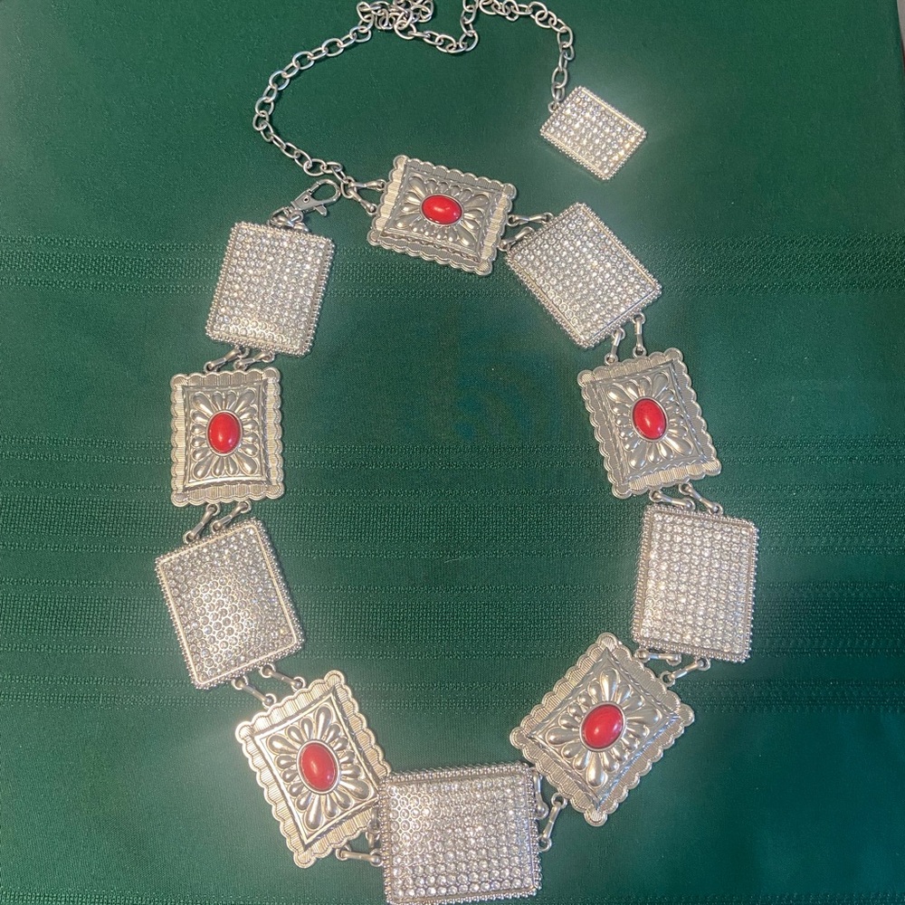 Square concho western belt silver red rhinestones size Medium